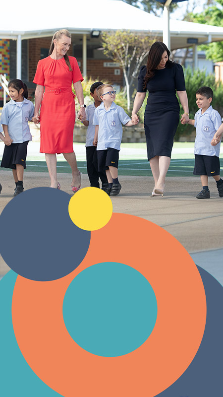 Principal with students at St Bernadette's Catholic Primary Lalor Park