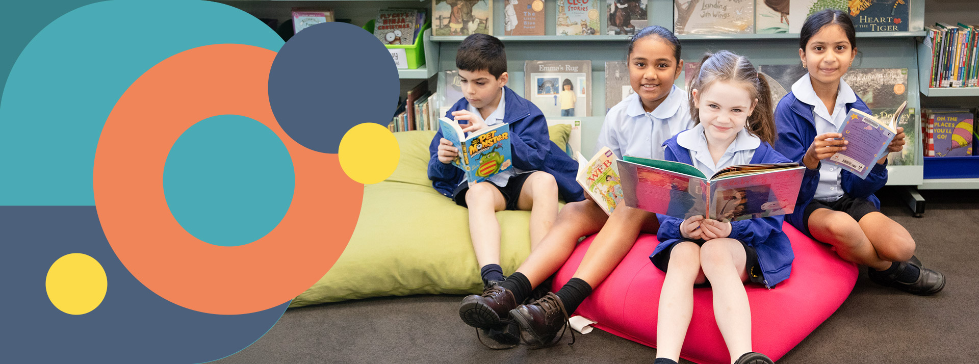 Griup of St Bernadette's Catholic Primary School Lalor Park students reading in school library